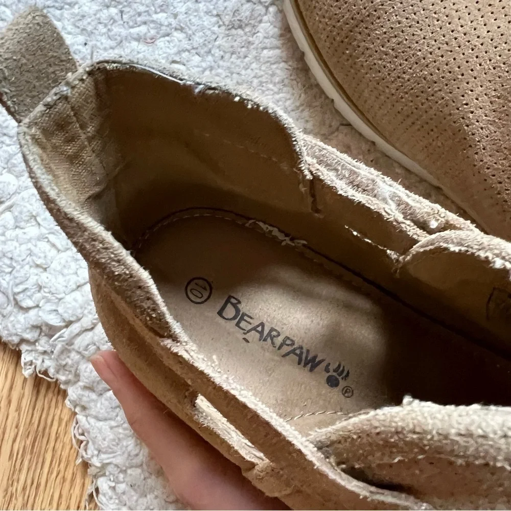 Bearpaw: NeverWet Tan Suede Zoe Slim Wedge Hook and Loop Booties Size 10
